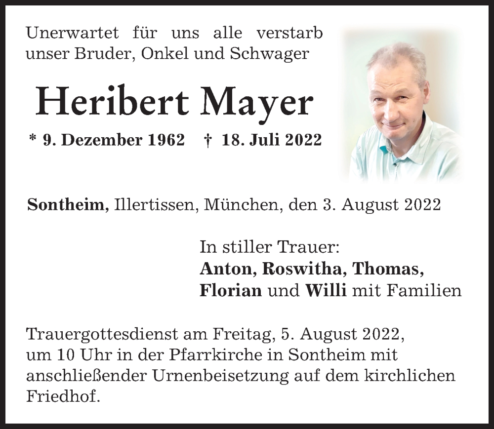  Traueranzeige für Heribert Mayer vom 03.08.2022 aus Memminger Zeitung