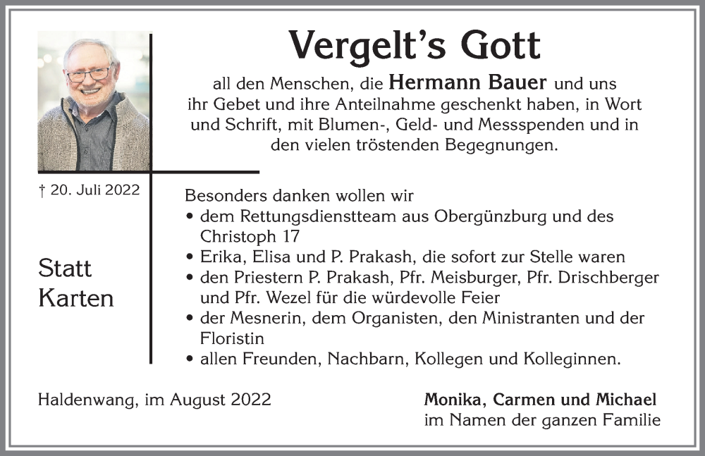  Traueranzeige für Hermann Bauer vom 27.08.2022 aus Allgäuer Zeitung,Kempten