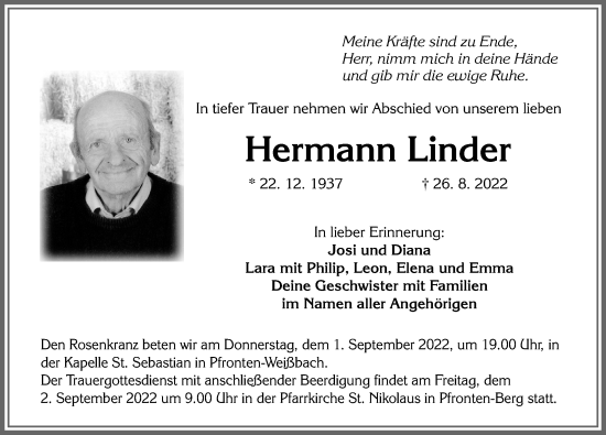 Traueranzeige von Hermann Linder von Allgäuer Zeitung, Füssen