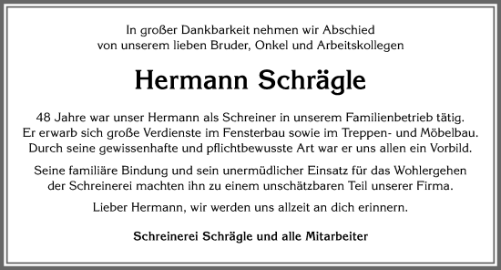 Traueranzeige von Hermann Schrägle von Allgäuer Zeitung, Marktoberdorf