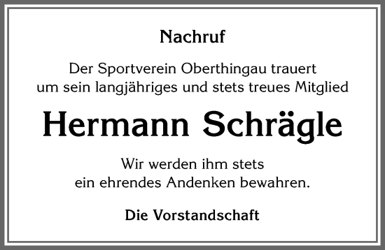 Traueranzeige von Hermann Schrägle von Allgäuer Zeitung, Marktoberdorf