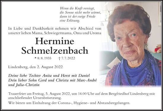 Traueranzeige von Hermine Schmelzenbach von Der Westallgäuer