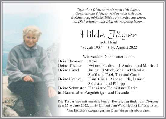 Traueranzeige von Hilde Jäger von Allgäuer Zeitung, Füssen