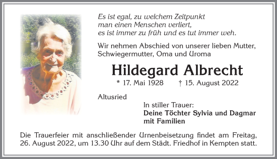 Traueranzeige von Hildegard Albrecht von Allgäuer Zeitung,Kempten