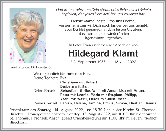 Traueranzeige von Hildegard Klamt von Allgäuer Zeitung, Kaufbeuren/Buchloe