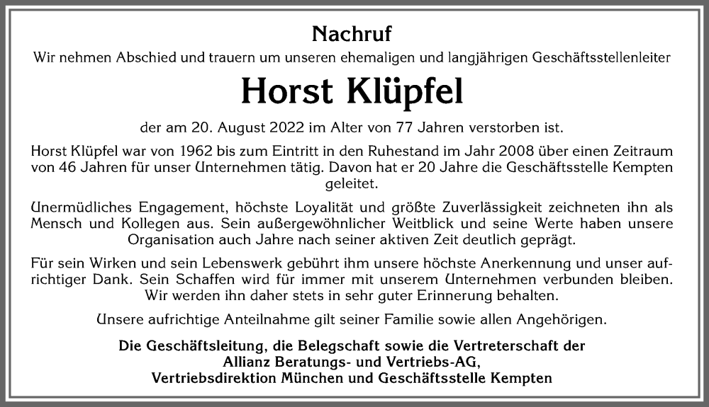  Traueranzeige für Horst Klüpfel vom 27.08.2022 aus Allgäuer Zeitung, Gesamtausgabe