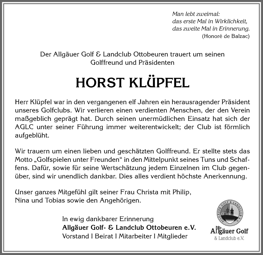  Traueranzeige für Horst Klüpfel vom 27.08.2022 aus Allgäuer Zeitung,Kempten
