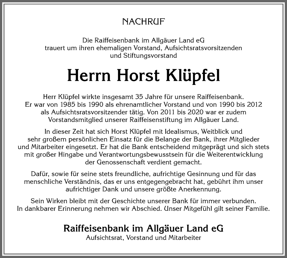  Traueranzeige für Horst Klüpfel vom 24.08.2022 aus Allgäuer Zeitung, Marktoberdorf