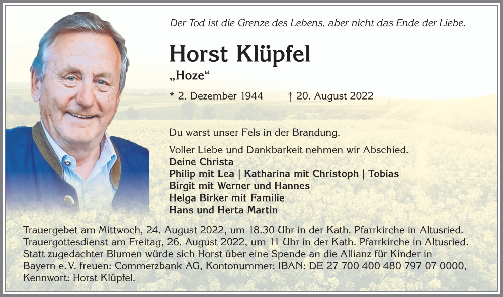  Traueranzeige für Horst Klüpfel vom 23.08.2022 aus Allgäuer Zeitung,Kempten