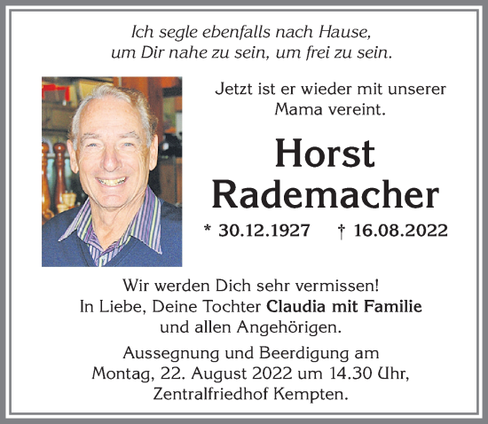 Traueranzeige von Horst Rademacher von Allgäuer Zeitung,Kempten