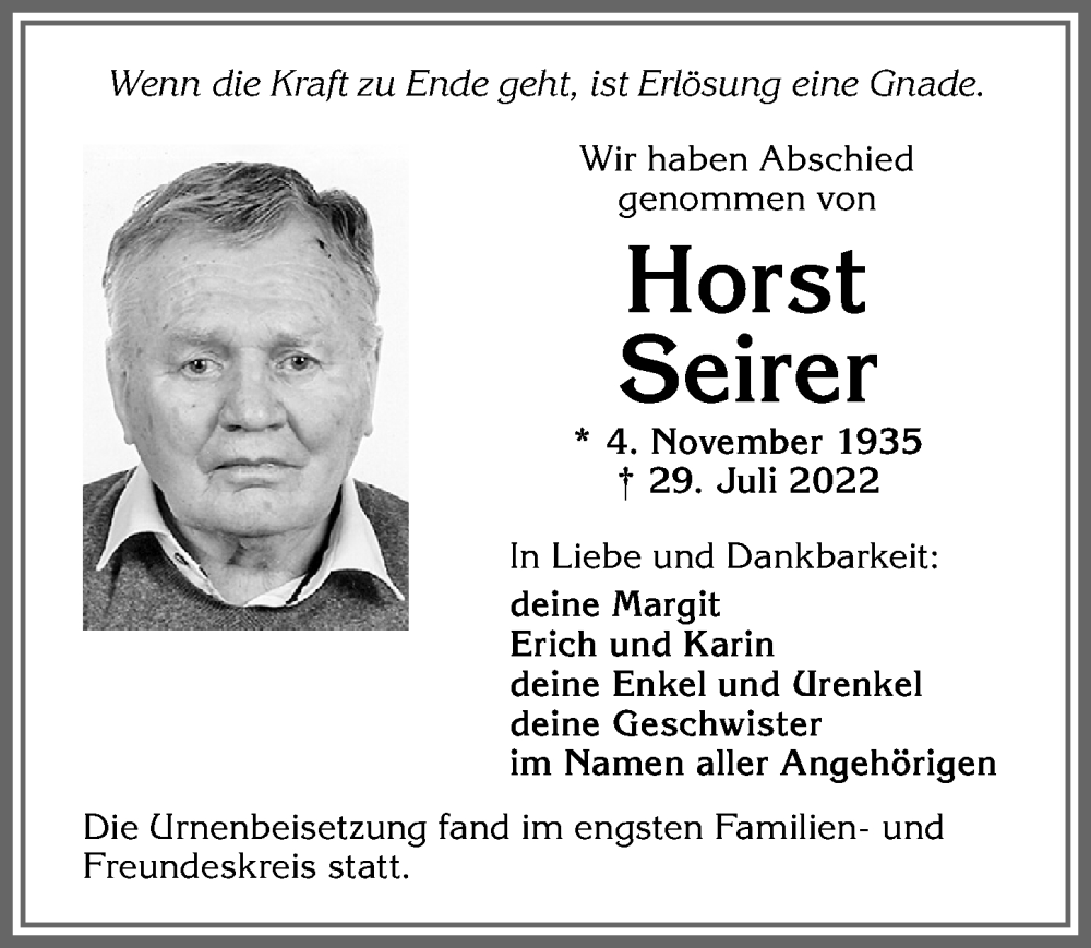  Traueranzeige für Horst Seirer vom 06.08.2022 aus Allgäuer Zeitung,Kempten