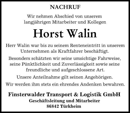 Traueranzeige von Horst Walin von Allgäuer Zeitung, Kaufbeuren/Buchloe