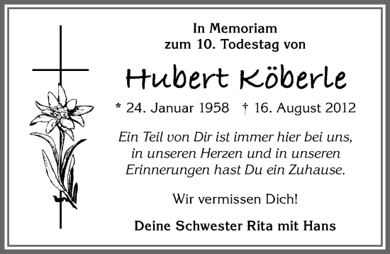 Traueranzeige von Hubert Köberle von Allgäuer Zeitung, Füssen