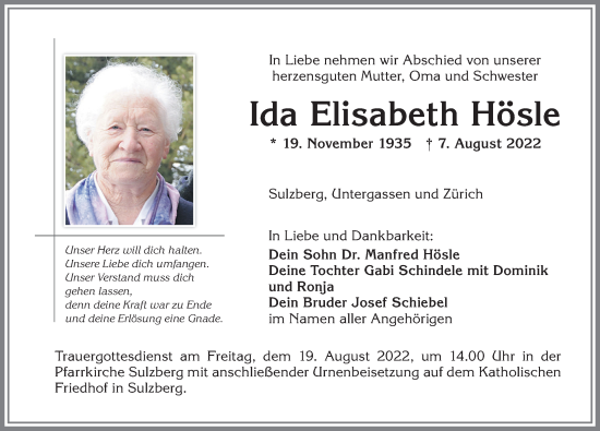 Traueranzeige von Ida Elisabeth Hösle von Allgäuer Zeitung,Kempten