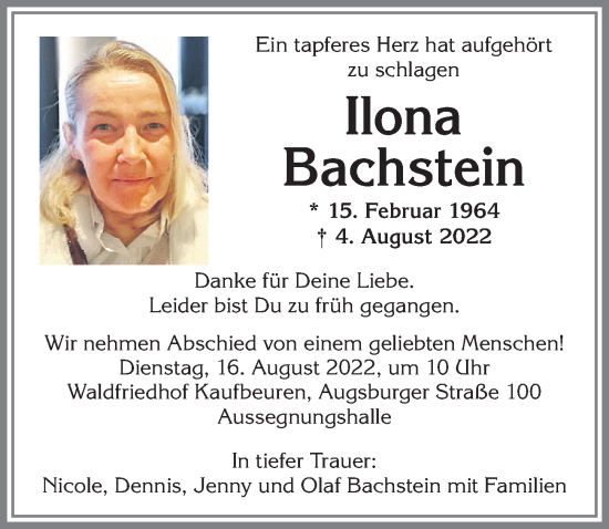 Traueranzeige von Ilona Bachstein von Allgäuer Zeitung, Kaufbeuren/Buchloe