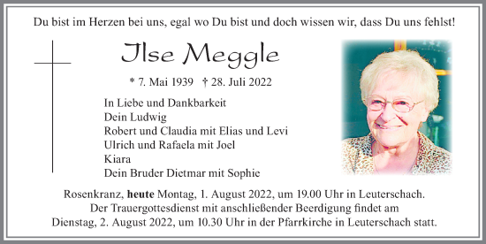 Traueranzeige von Ilse Meggle von Allgäuer Zeitung, Marktoberdorf