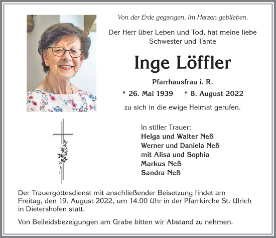 Traueranzeige von Inge Löffler von Allgäuer Zeitung,Kempten