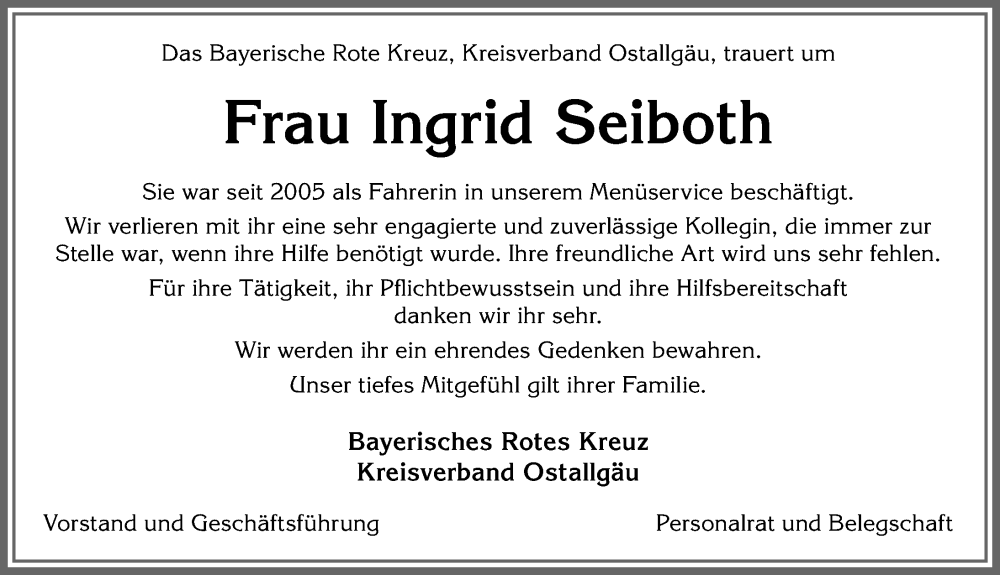  Traueranzeige für Ingrid Seiboth vom 02.08.2022 aus Allgäuer Zeitung, Marktoberdorf
