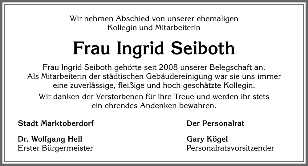  Traueranzeige für Ingrid Seiboth vom 03.08.2022 aus Allgäuer Zeitung, Marktoberdorf