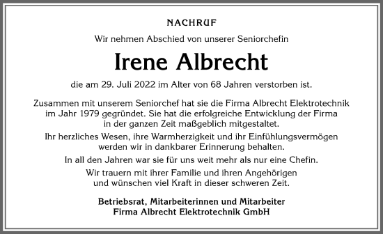 Traueranzeige von Irene Albrecht von Allgäuer Anzeigeblatt