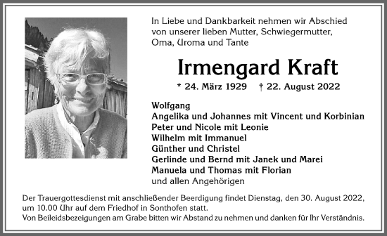 Traueranzeige von Irmengard Kraft von Allgäuer Anzeigeblatt