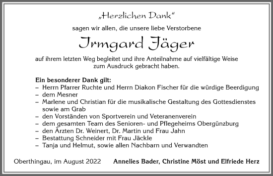 Traueranzeige von Irmgard Jäger von Allgäuer Zeitung, Marktoberdorf
