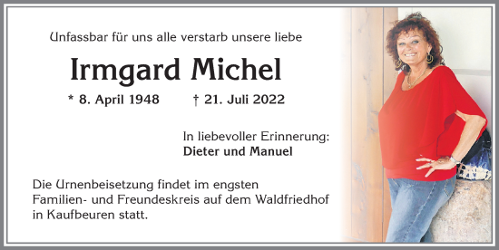 Traueranzeige von Irmgard Michel von Allgäuer Zeitung, Kaufbeuren/Buchloe