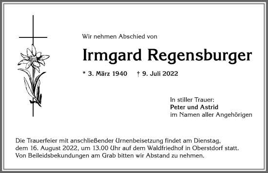 Traueranzeige von Irmgard Regensburger von Allgäuer Anzeigeblatt
