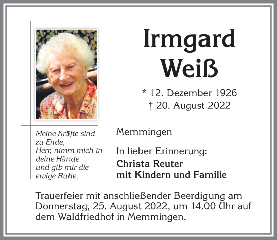 Traueranzeige von Irmgard Weiß von Memminger Zeitung
