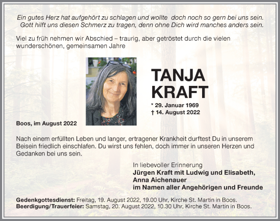 Traueranzeige von ITanja Kraft von Memminger Zeitung