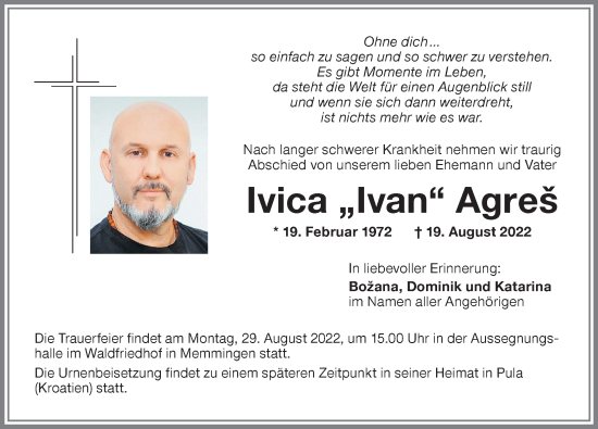 Traueranzeige von Ivica Agres von Memminger Zeitung