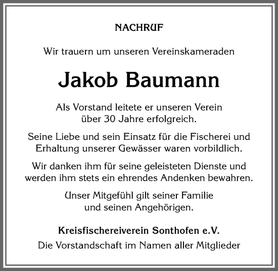 Traueranzeige von Jakob Baumann von Allgäuer Anzeigeblatt