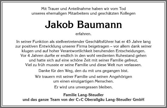 Traueranzeige von Jakob Baumann von Allgäuer Anzeigeblatt