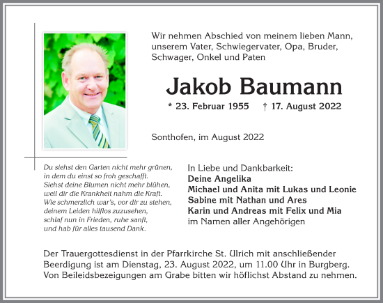 Traueranzeige von Jakob Baumann von Allgäuer Anzeigeblatt
