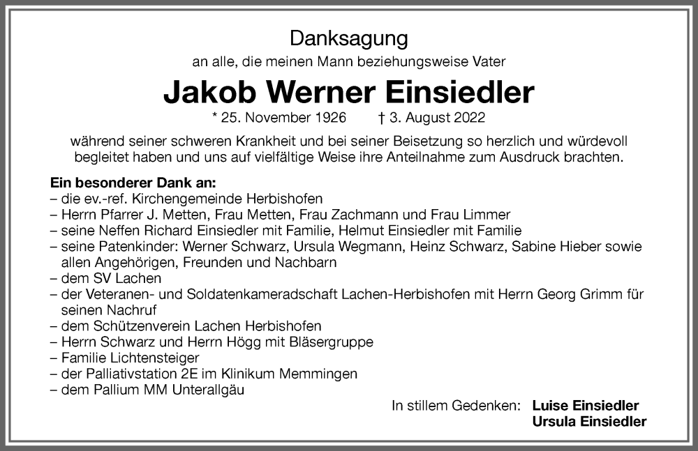  Traueranzeige für Jakob Werner Einsiedler vom 20.08.2022 aus Memminger Zeitung