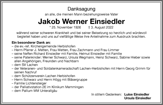 Traueranzeige von Jakob Werner Einsiedler von Memminger Zeitung