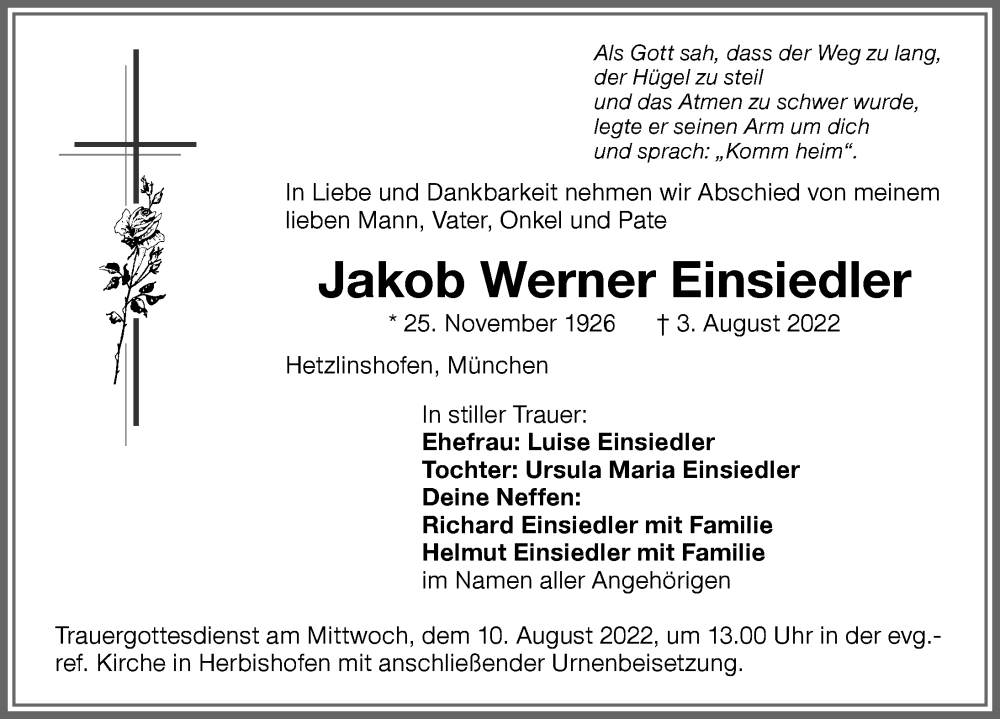  Traueranzeige für Jakob Werner Einsiedler vom 08.08.2022 aus Memminger Zeitung