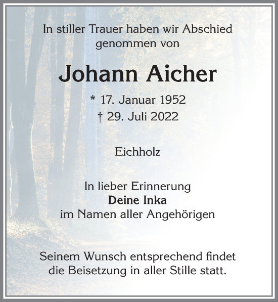 Traueranzeige von Johann Aicher von Allgäuer Zeitung,Kempten