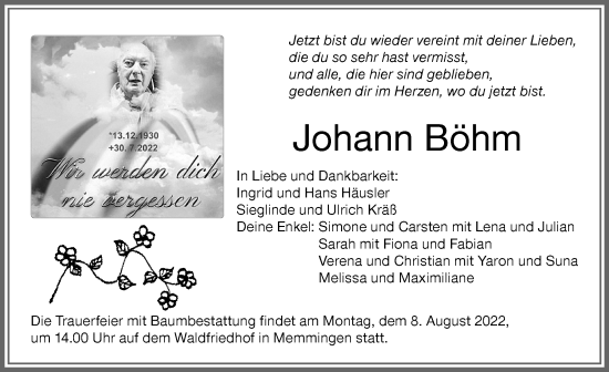 Traueranzeige von Johann Böhm von Memminger Zeitung