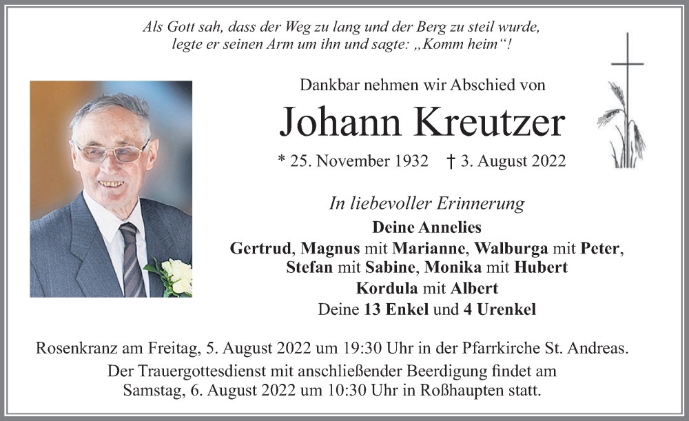  Traueranzeige für Johann Kreutzer vom 05.08.2022 aus Allgäuer Zeitung, Füssen