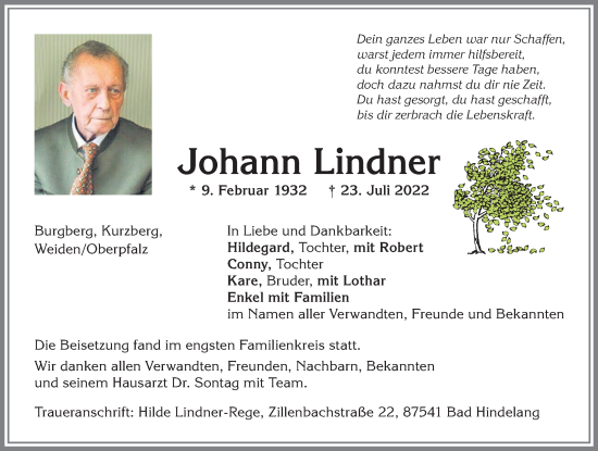 Traueranzeige von Johann Lindner von Allgäuer Anzeigeblatt