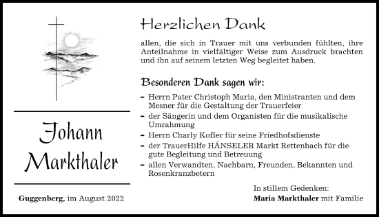 Traueranzeige von Johann Markthaler von Memminger Zeitung