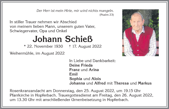 Traueranzeige von Johann Schieß von Allgäuer Zeitung, Marktoberdorf