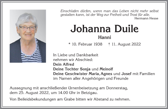 Traueranzeige von Johanna Duile von Allgäuer Zeitung,Kempten