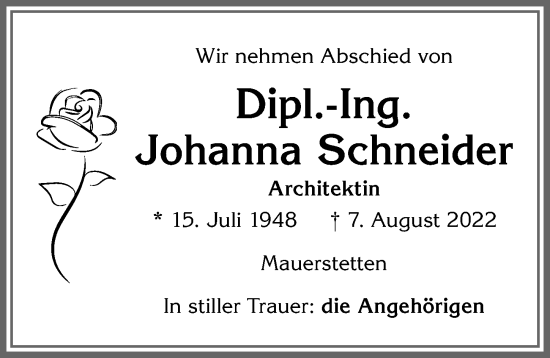 Traueranzeige von Johanna Schneider von Allgäuer Zeitung, Kaufbeuren/Buchloe