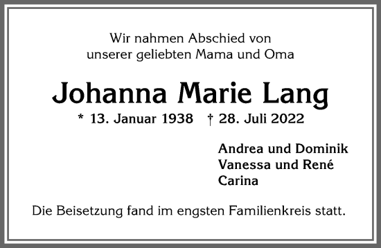 Traueranzeige von Johanna Marie Lang von Allgäuer Anzeigeblatt