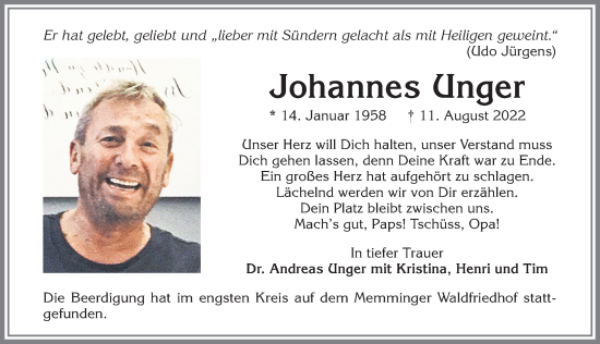 Traueranzeige von Johannes Unger von Memminger Zeitung