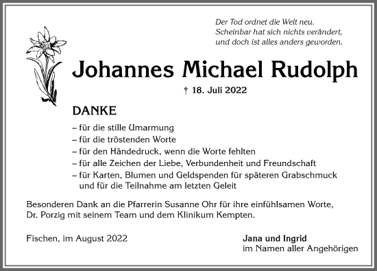 Traueranzeige von Johannes Michael Rudolph von Allgäuer Anzeigeblatt