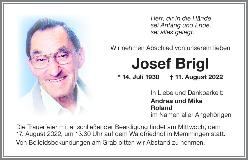  Traueranzeige für Josef Brigl vom 13.08.2022 aus Memminger Zeitung