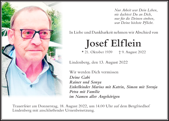 Traueranzeige von Josef Elflein von Der Westallgäuer